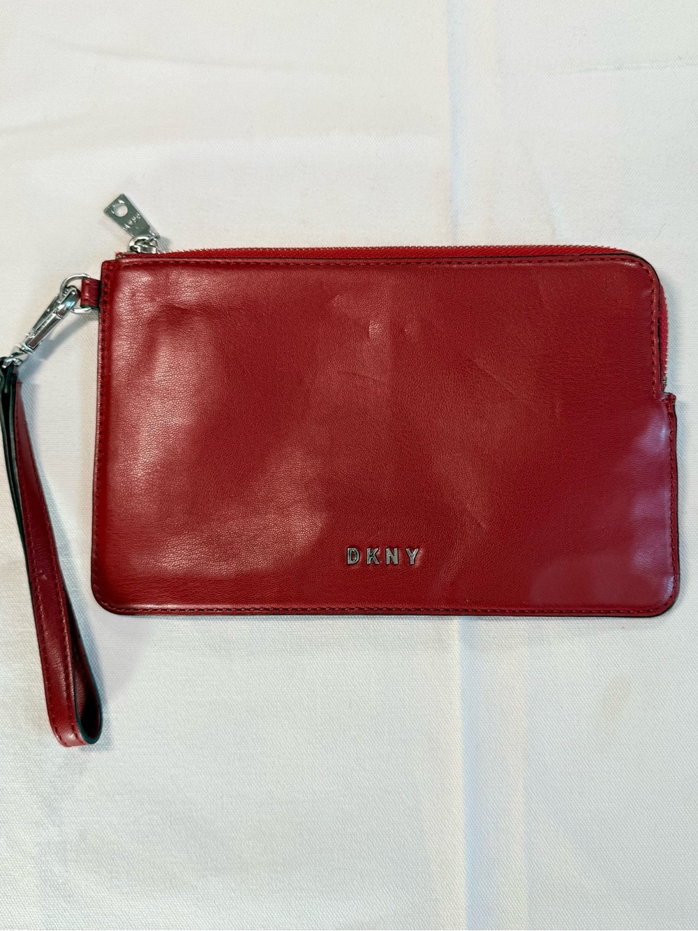 DKNY Red Faux Leather Wristlet Zip Clutch Pouch Wallet Silver Hardware
